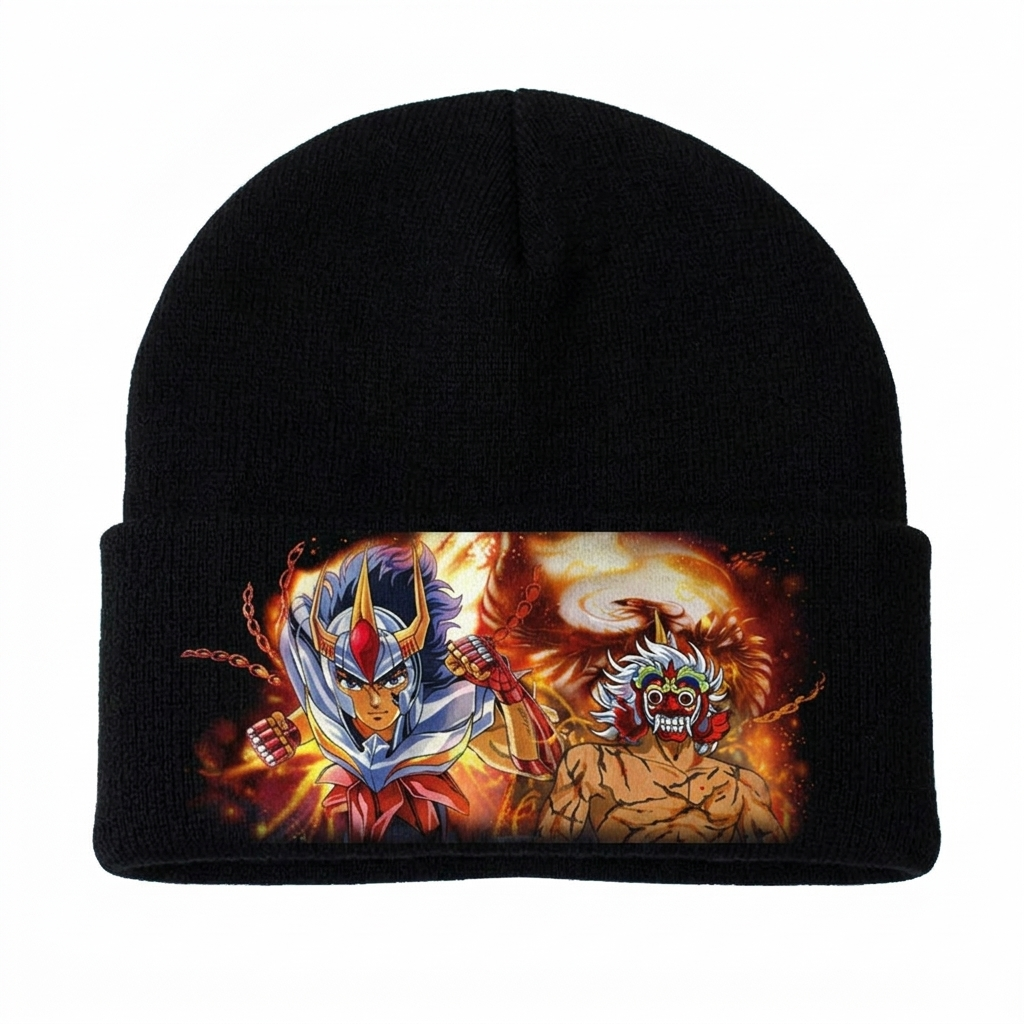 gorro tejido negro personaje enmascarado y ave fénix gorro tejido negro personaje enmascarado y ave fénix